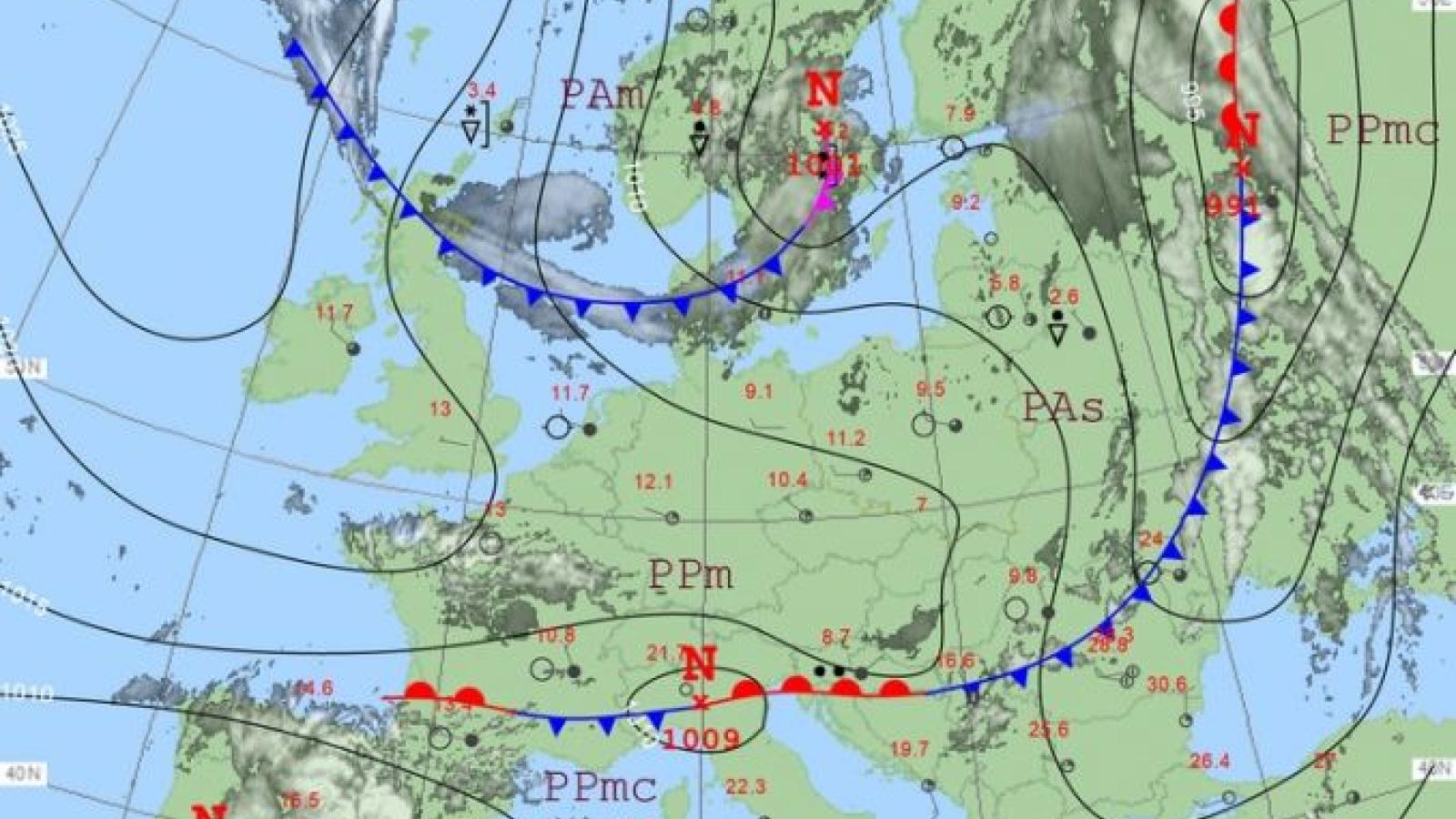 Ilustracja: Mapa synoptyczna z dnia 12 maja 2020 roku z godziny 12:00. Źródło: Pogodynka.pl